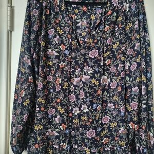 LOFT Navy Floral V-Neck Long Sleeve Tunic